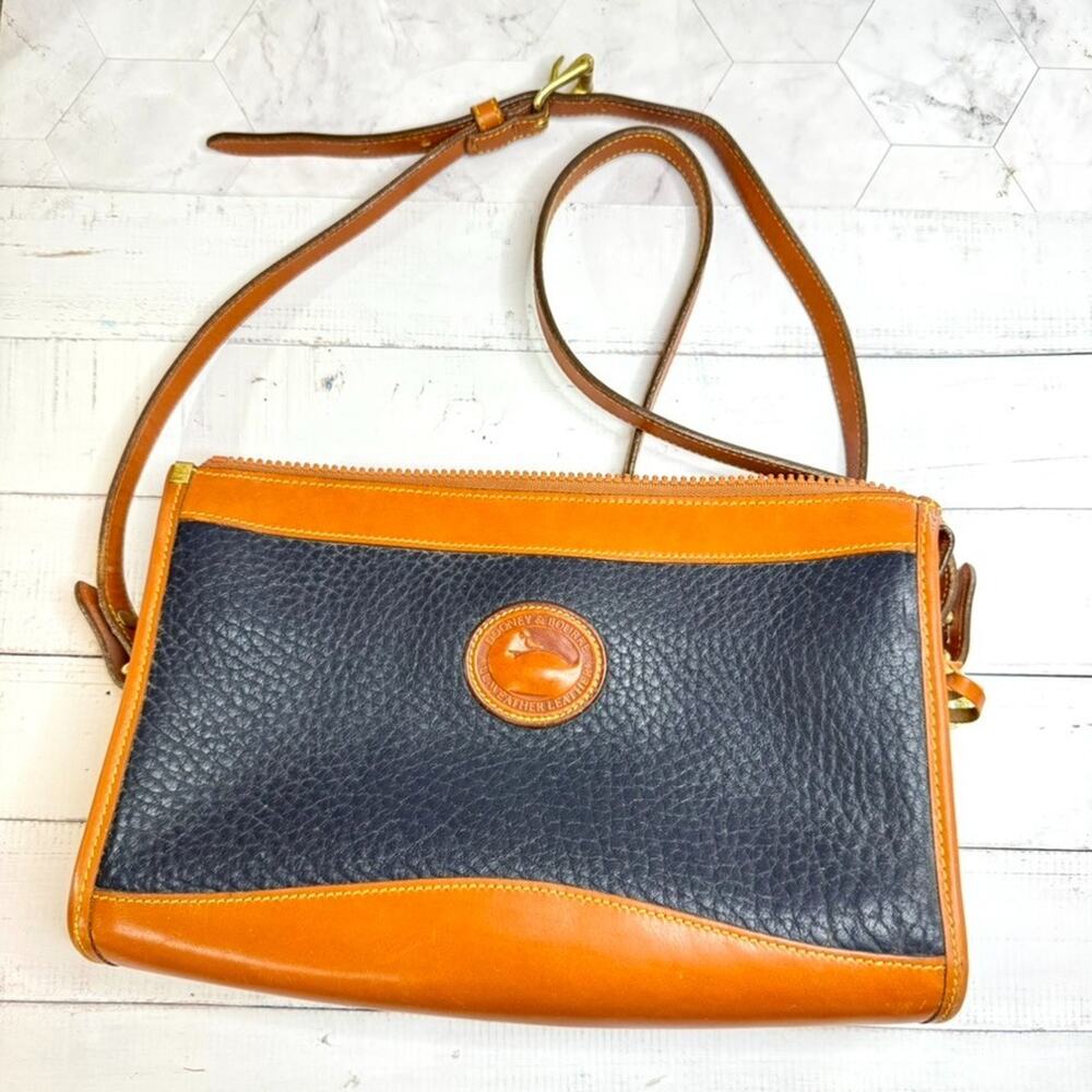 Vintage Dooney & Bourke Navy Leather Crossbody Bag Brass All Weather Made in USA
